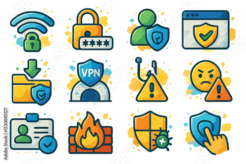 Colorful cybersecurity icons illustrating vpn, firewall, and security measures
