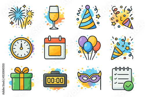 Colorful party icons with fireworks, hat, balloons, clock, and gift box