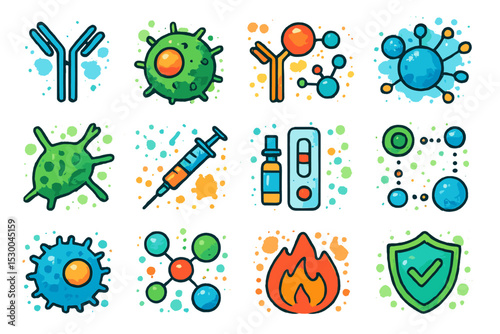 Colorful immunology icons illustrating vaccines and antibody concepts