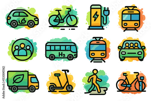 Eco-friendly transport icons: bicycles, electric cars, trains, buses, scooters