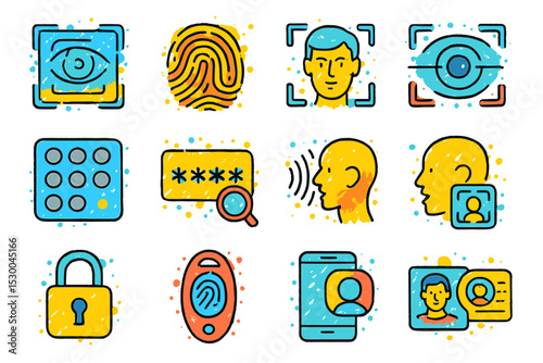 Colorful biometric security icons featuring facial and fingerprint recognition