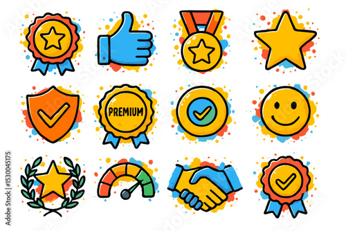 Colorful reward icons set featuring medals, thumbs up, stars, and smiley