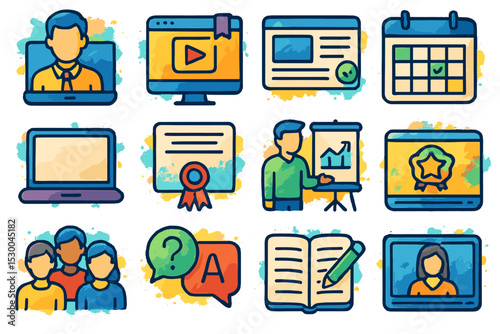 Cartoon icons: online learning and virtual communication elements