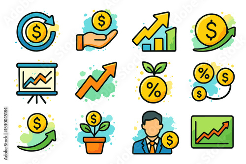 Colorful financial icons representing growth, investment, and business success