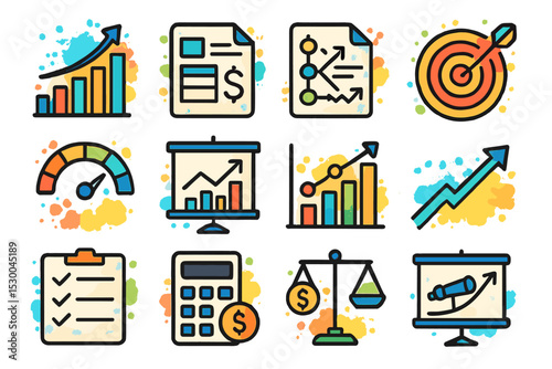 Colorful business icons: growth, finance, and analytics in vibrant design