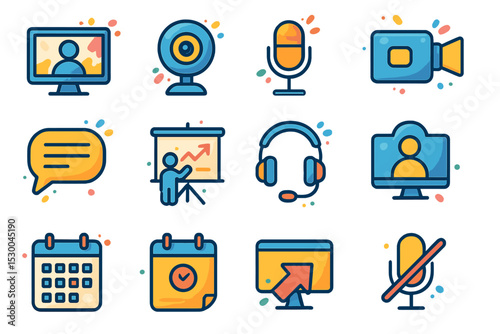 Colorful online communication and virtual meeting icons set