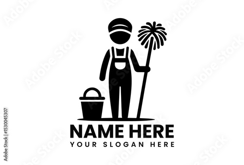 Welcoming black silhouette logo featuring cheerful maintenance worker holding cleaning tools for facility service