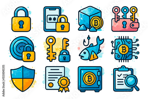 Colorful cryptocurrency security icons featuring bitcoin and padlocks