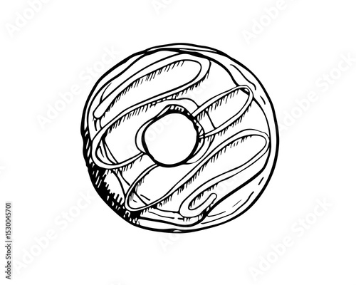 Donut icing sketch isolated on white background. Dessert sweet donut with frosting, donut icon logo. Freehand drawn Tasty food element line art style for cafe, menu, cookbook. Sweet dessert.