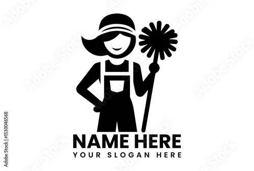 Professional yet friendly black vector logo of cleaning staff member with broom and bucket for maintenance business
