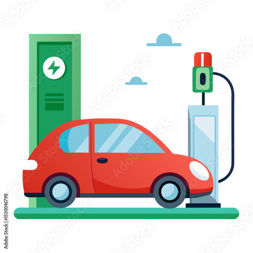 Illustration of an electric car at a charging station showcasing sustainable transportation and eco friendly technology