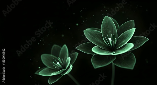 Glowing green flowers on dark background, digital fantasy art with luminous petals and surreal atmosphere