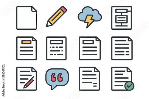 Collection of document and edit icons with cloud and lightning symbol