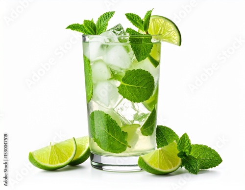 Vaso alto con mojito, hielo, rodajas de lima y hojas de menta visibles, sobre fondo blanco limpio.