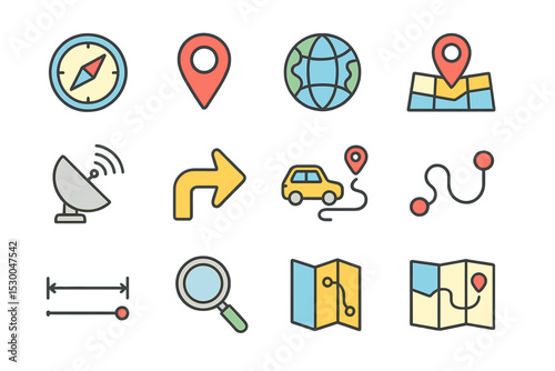 Navigation and location icons set featuring maps and gps elements