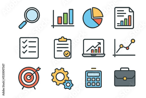 Colorful business icon collection: charts, data, gear, documents, targets