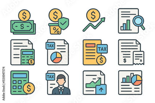Colorful finance icons representing taxes, growth, reports, and calculations
