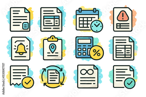 Colorful icon set of documents, calendars, and notifications on gradient background