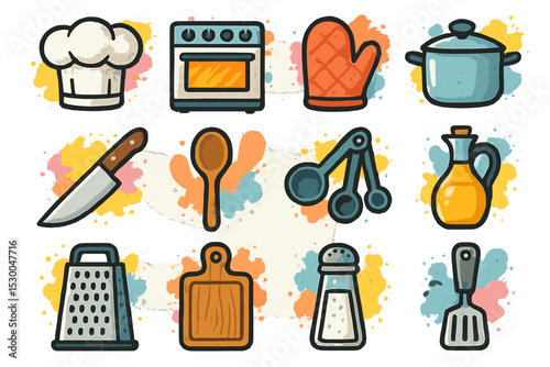 Colorful culinary icons featuring kitchen utensils and appliances