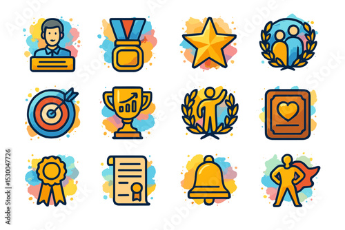 Colorful achievement icons with medals, trophies, and badges