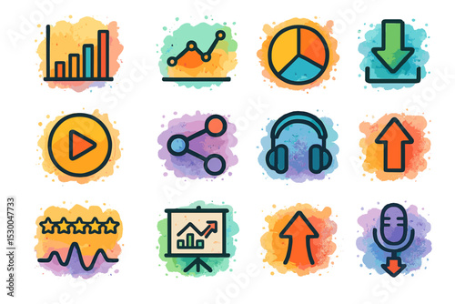 Colorful digital icons on textured background with graphs and arrows