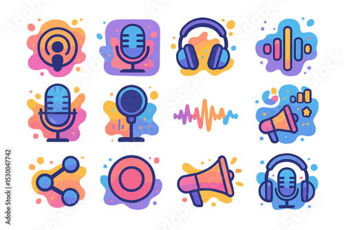 Colorful podcast icons with microphones, headphones, and sound elements