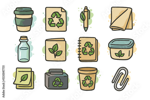 Eco-friendly stationery and packaging icons for sustainable living