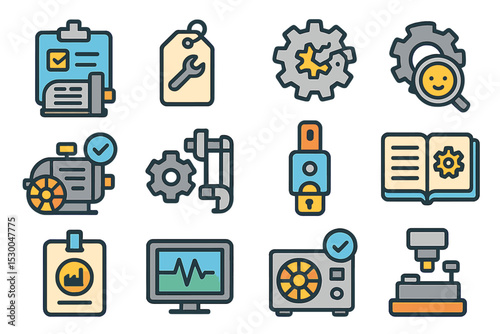 Industrial and engineering icons with various tools and gear designs