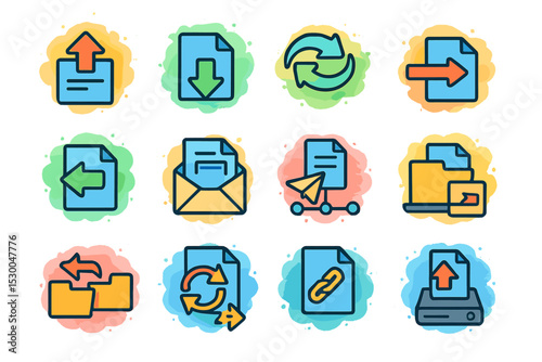 Digital file transfer icons with colorful backgrounds for online communication