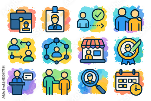 Illustrated icons for business networking and communication concepts