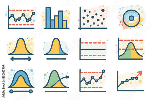 Colorful statistical graphs and charts illustrations