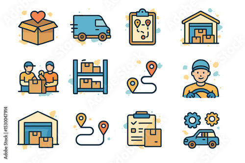 Logistics and delivery icons set with maps, driver, and warehouses