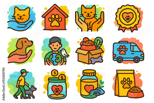 Colorful pet care icons featuring animals, hands, and pet supplies