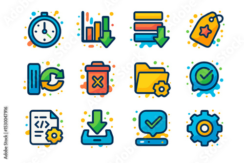 Colorful digital icons for file management and system optimization