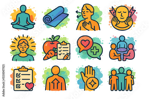 Wellness and self-care icons: meditation, nutrition, communication, relaxation
