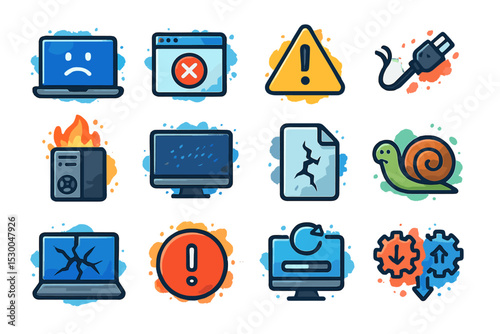 Computer error and warning icons with alerts and issues in digital illustration