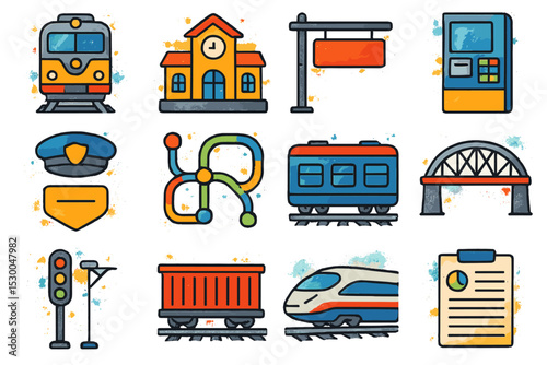 Colorful train and station icons with transport and travel elements