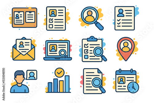 Job search icons set featuring applications, profiles, and analytics