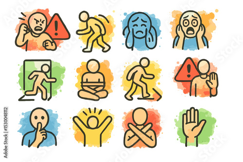 Cartoon emotional and safety icons with colorful backgrounds