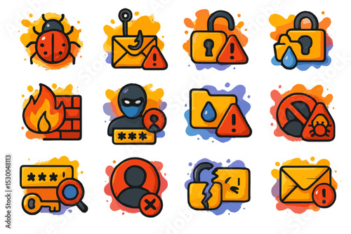 Colorful cybersecurity icons representing threats and data protection