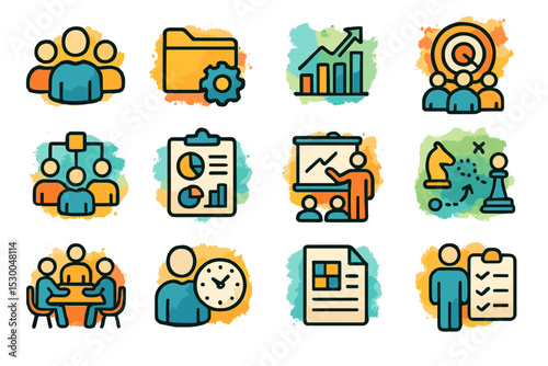 Business strategy and teamwork icons: growth, planning, charts, collaboration
