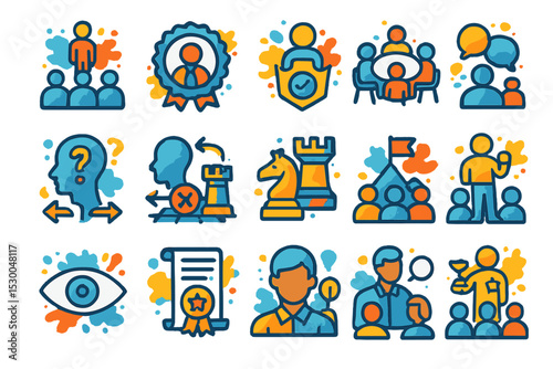 Colorful business strategy and teamwork icons in abstract style