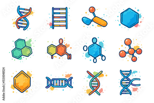 Colorful molecular and dna structures set on vibrant background