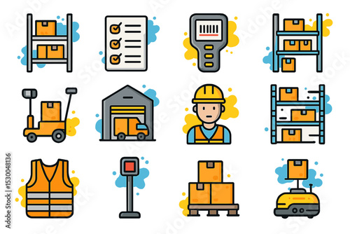 Warehouse logistics icons: equipment, inventory, worker, safety gear