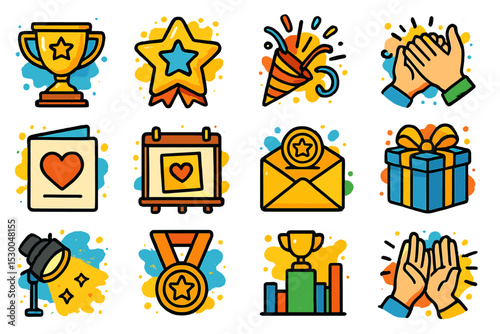 Colorful celebration icons featuring trophies, gifts, clapping hands, and medals