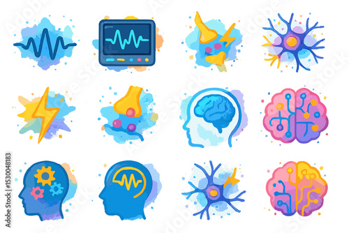 Colorful illustrations of brain activity and neuron connections with abstract symbols