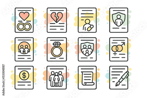 Marriage and family icon set featuring hearts and rings