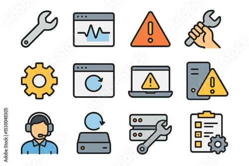 Colorful icons of tools and alerts in technology and customer support