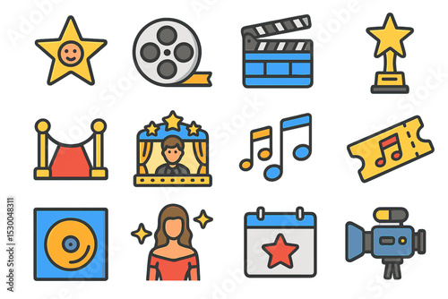 Entertainment icons with stars, awards, movie reel, music notes, female figure