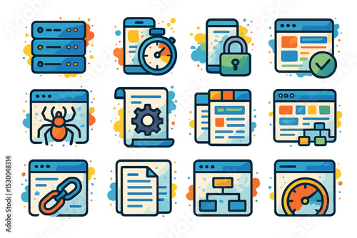 Colorful icons representing web development and data security concepts